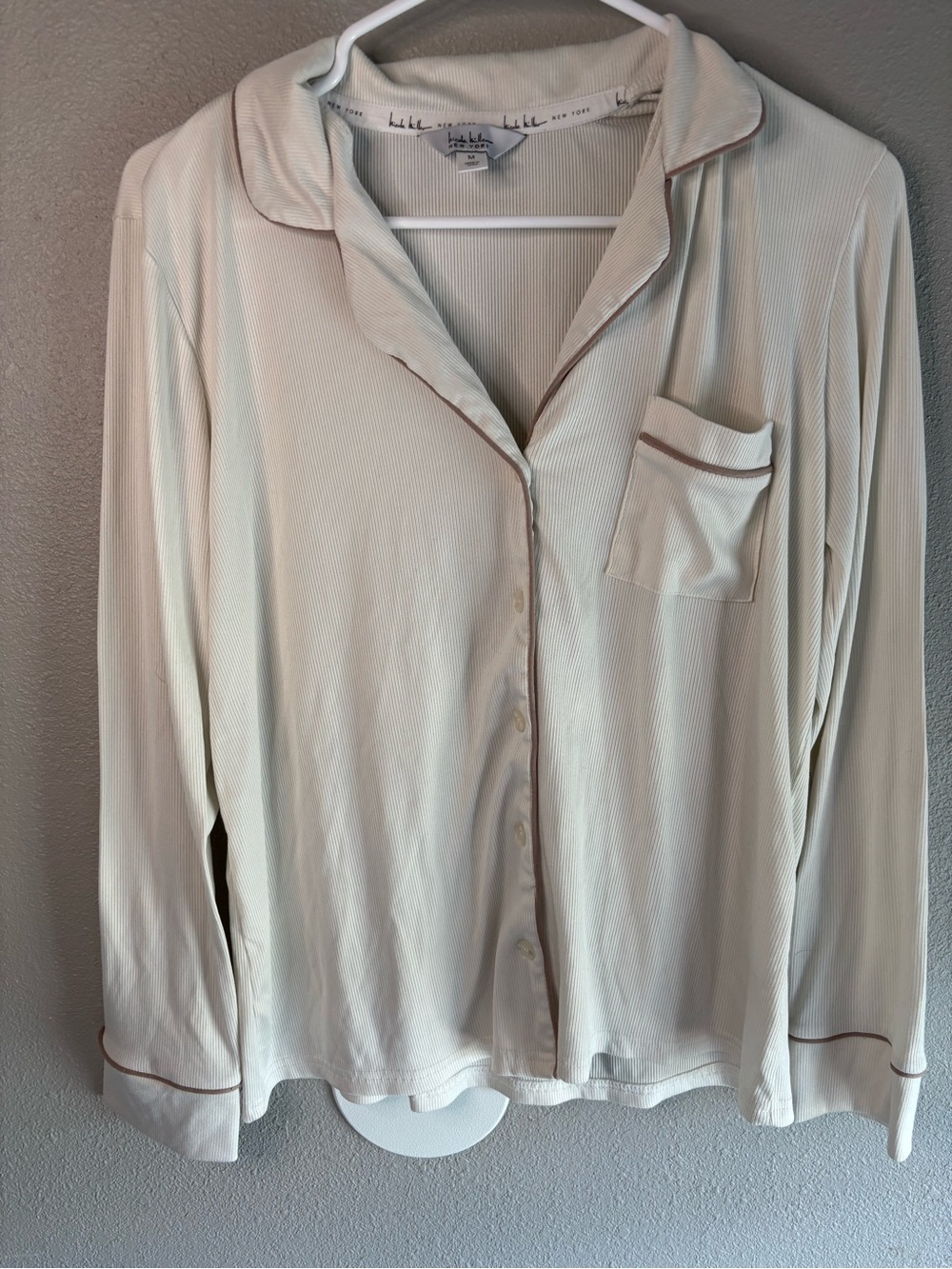 Nicole Miller Cream Long-Sleeve Button-Front Pajama Top with Brown Trim